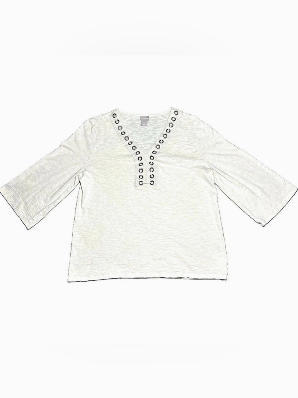 Chico’s White Cotton Slub V-Neck Grommet Top 3/4 Bell Sleeve Shirt Womens Size 2